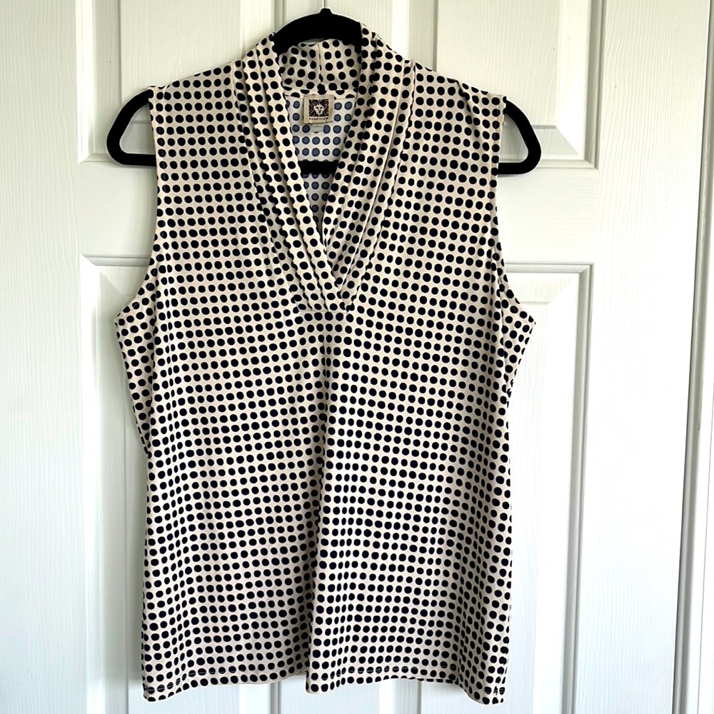 Anne Klein navy and cream polka dot blouse Size Large